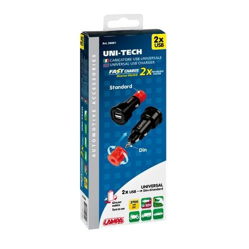 Uni-Tech, caricabatteria universale 2 porte Usb - Fast Charge - 2700 mA - 12/32V