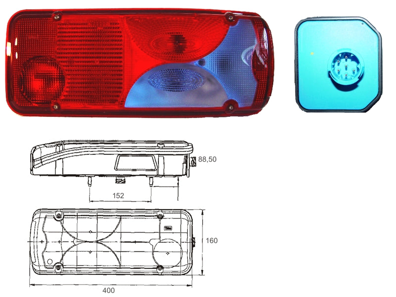 Fanale 7 funzioni tipo M.A.N. TG-A (rif. 81.25225.6544) sx con luce targa e connettore laterale