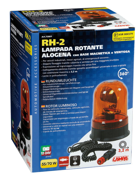 RH-2, lampada rotante alogena con base magnetica e ventosa, 12/24V