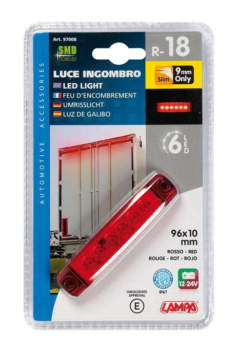 Luce ingombro a 6 Led, montaggio in superficie,12/24V - Rosso