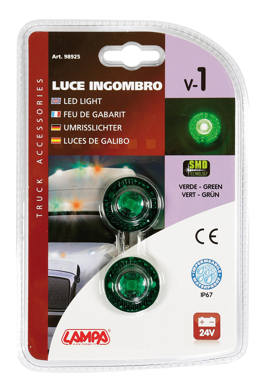 Coppia luci ingombro a 1 Led, 24V - Verde