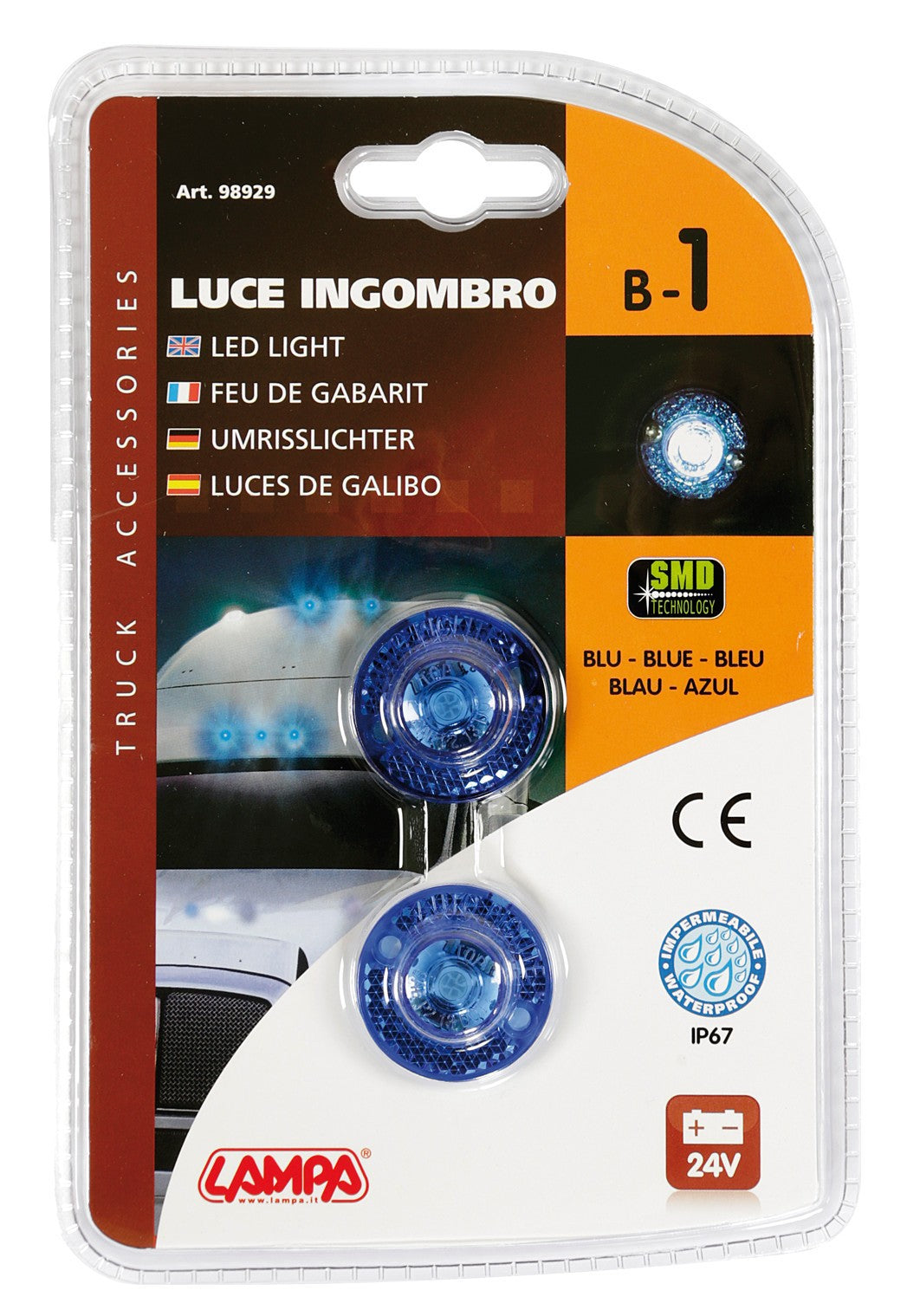 Coppia luci ingombro a 1 Led, 24V - Blu