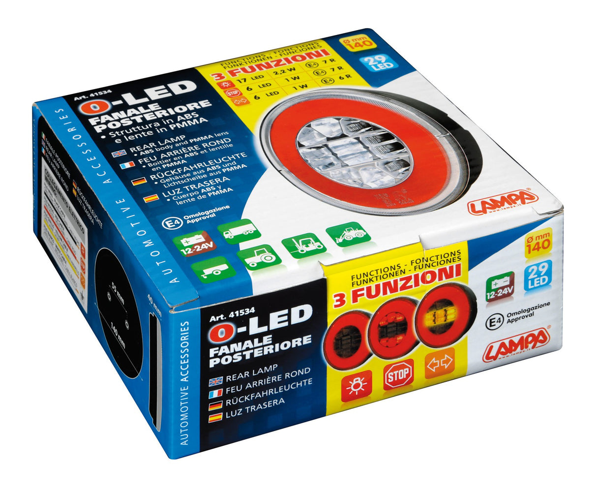 O-Led, Fanale rotondo posteriore 3 funzioni, 12/24V