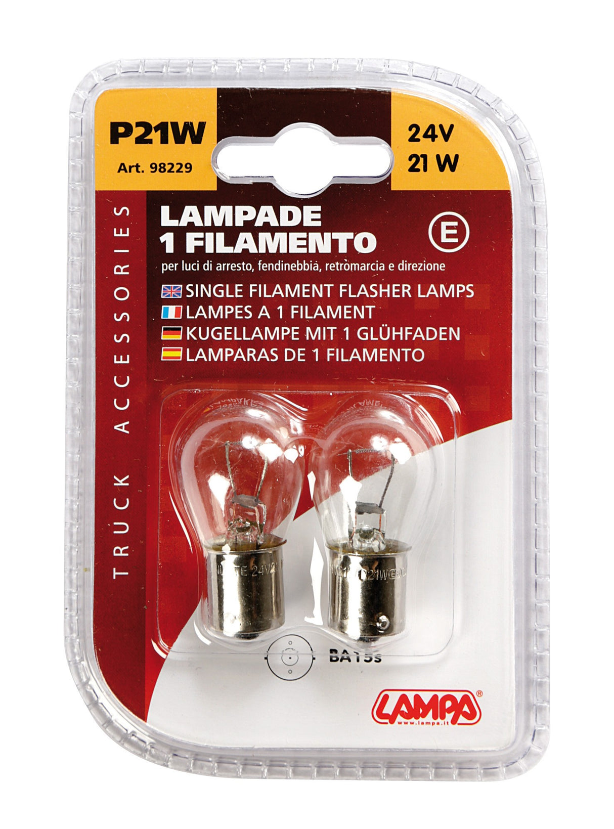 24V Lampada 1 filamento - P21W - 21W - BA15s - 2 pz - D/Blister