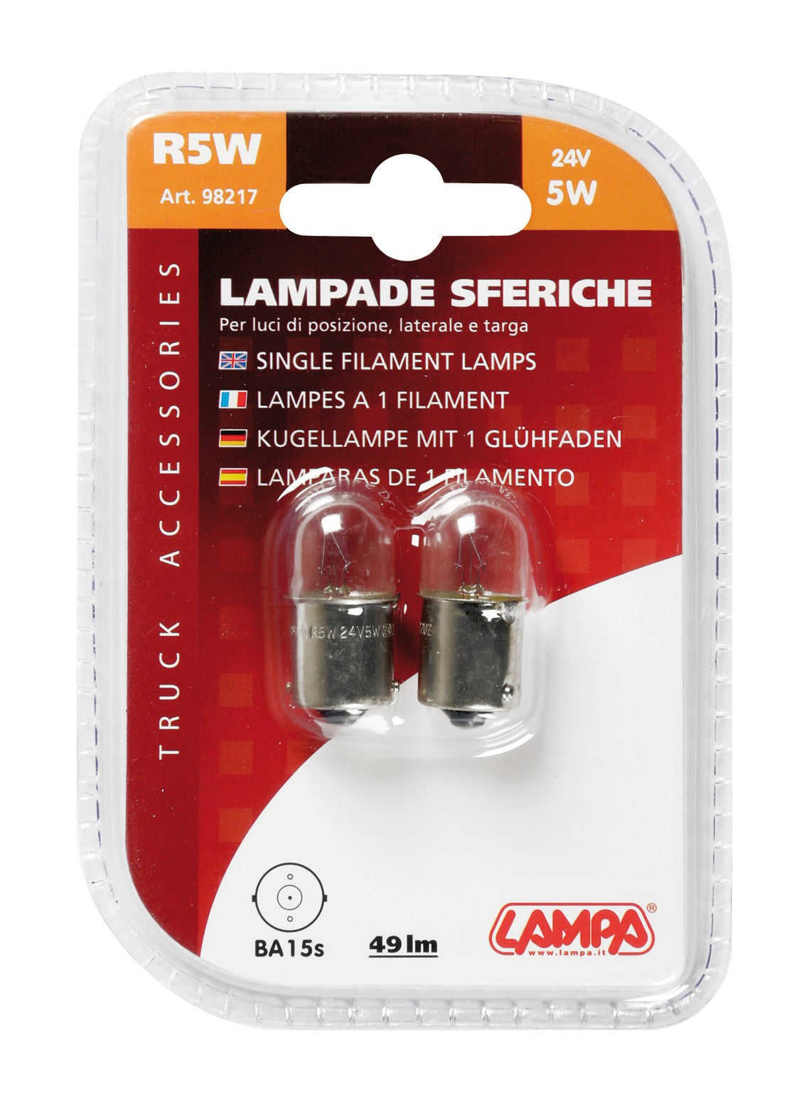 24V Lampada sferica - R5W - 5W - BA15s - 2 pz - D/Blister