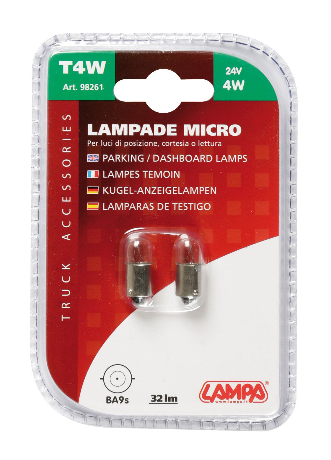 24V Lampada micro - T4W - 4W - BA9s - 2 pz - D/Blister