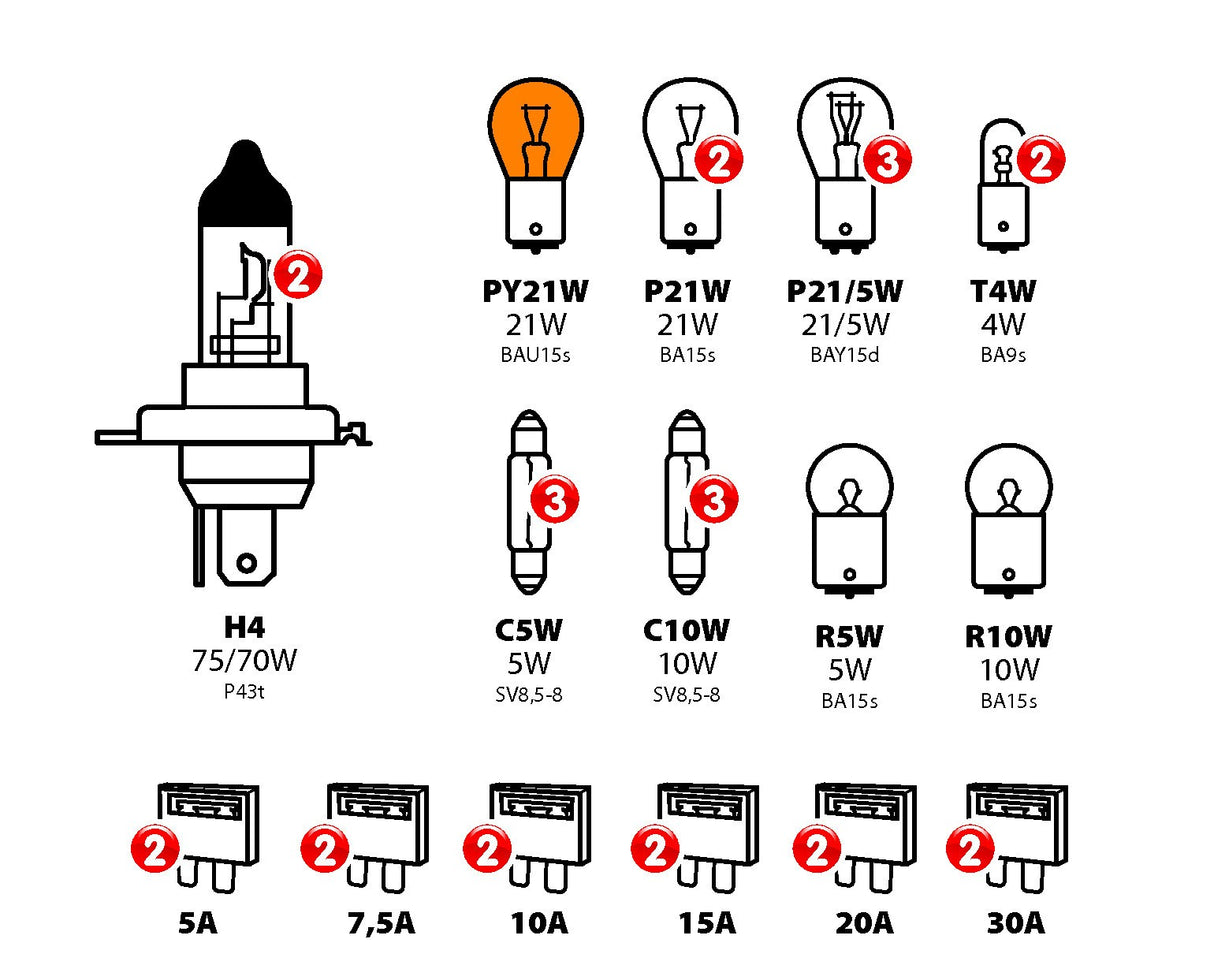 Kit lampade di ricambio 30 pz, alogena 2xH4 - 24V