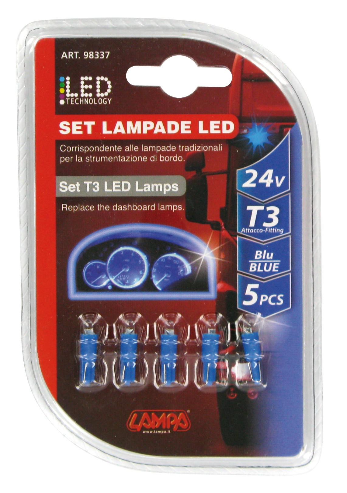 24V Kit Lampade cruscotto Led 1 Led - (T3) - W2x4,6d - 5 pz - D/Blister - Blu