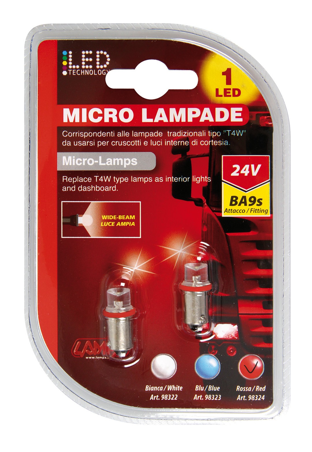 24V Micro lampada 1 Led - (T4W) - BA9s - 2 pz - D/Blister - Rosso