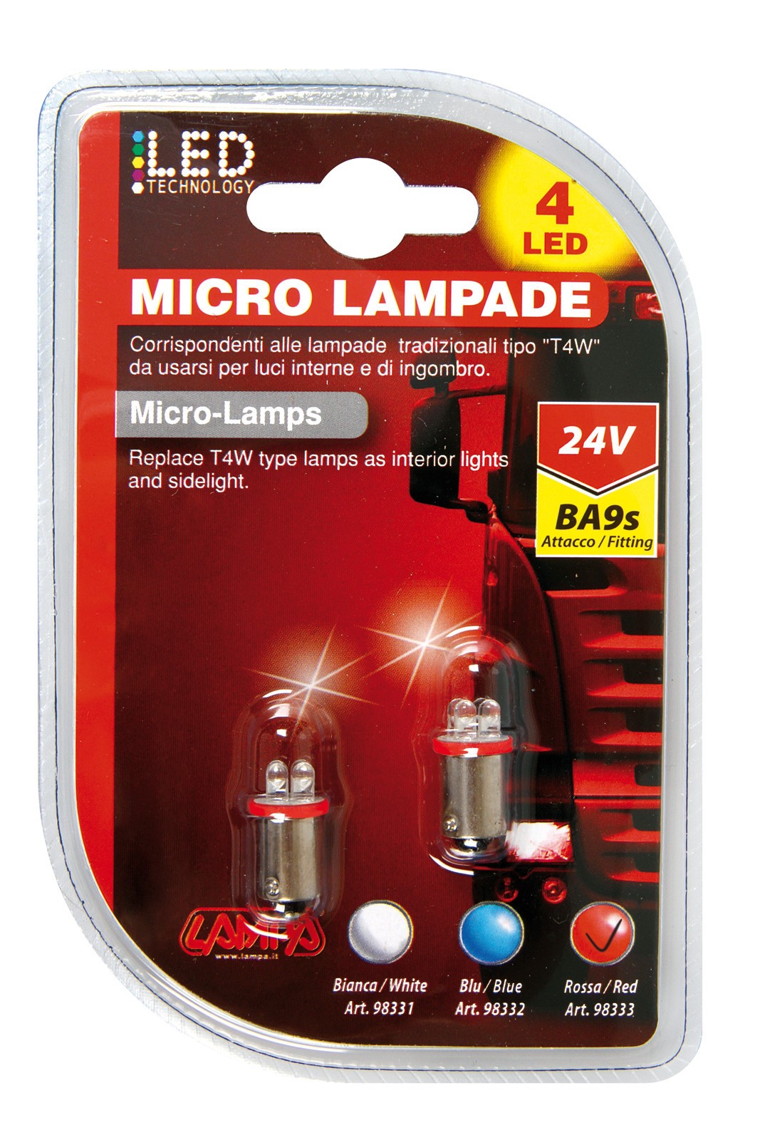 24V Micro lampada 4 Led - (T4W) - BA9s - 2 pz - D/Blister - Rosso