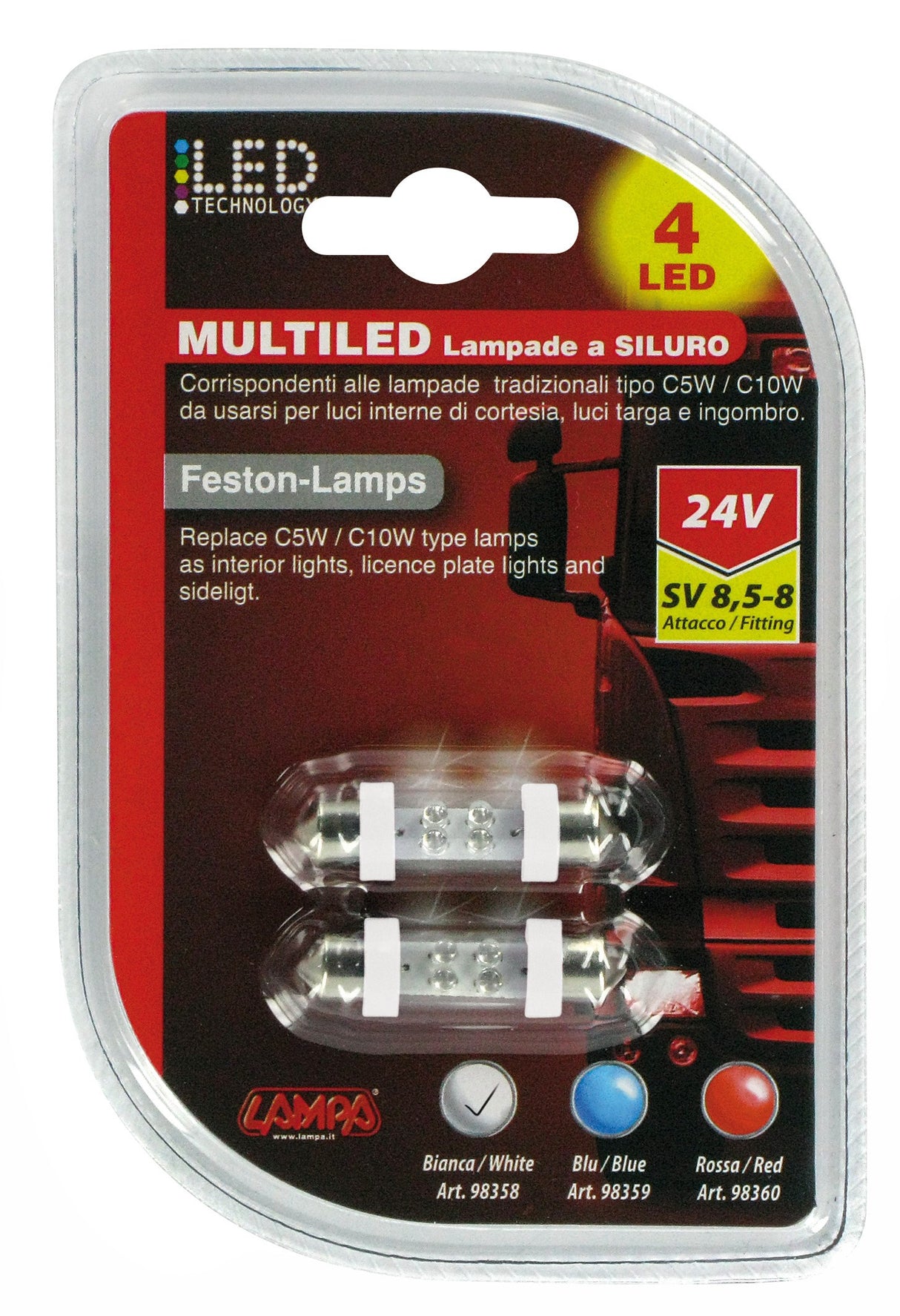 24V Lampada siluro 4 Led - 11x38 mm - SV8,5-8 - 2 pz - D/Blister - Bianco