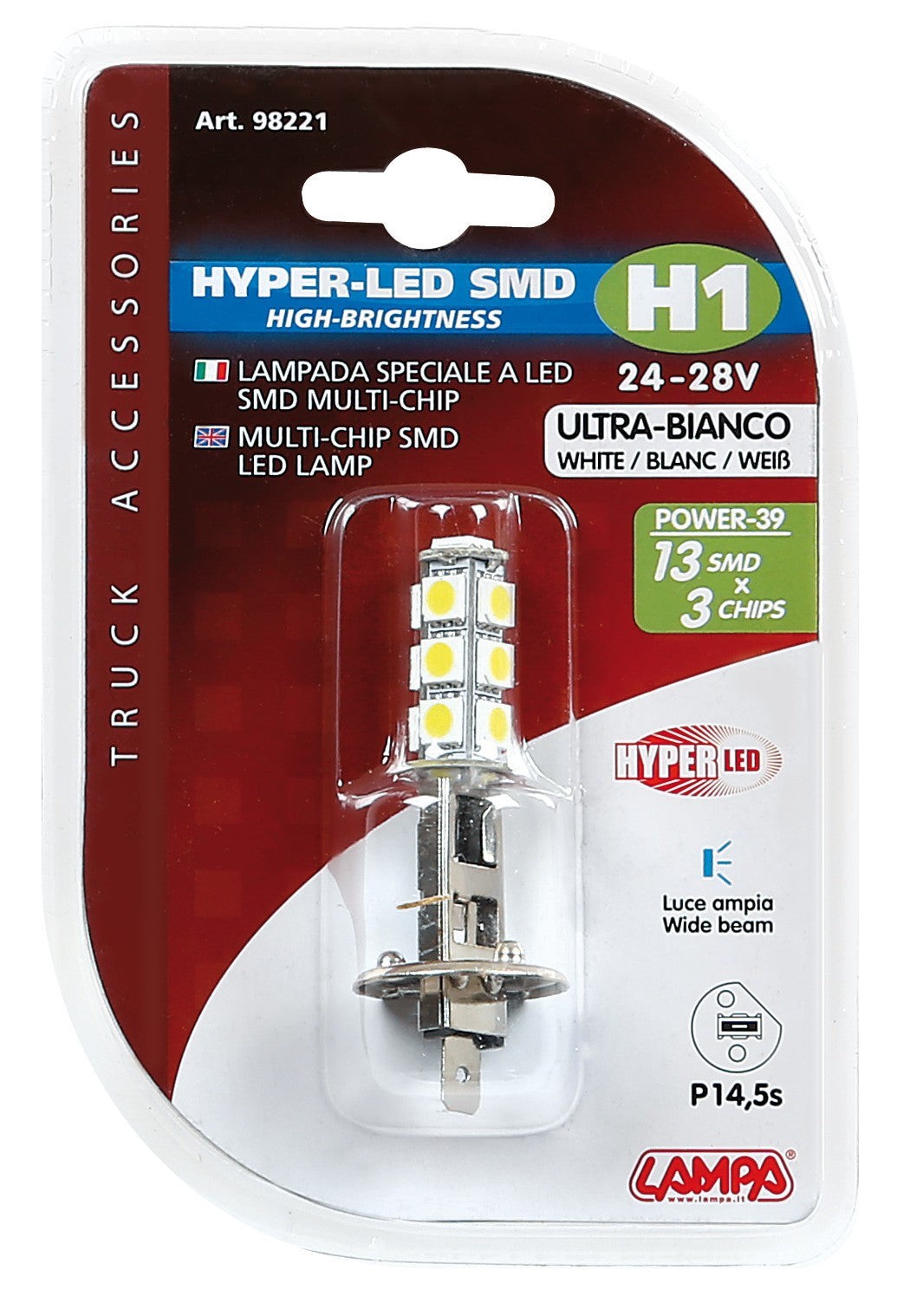 24/28V Hyper-Led 39 - 13 SMD x 3 chips - (H1) - P14,5s - 1 pz - D/Blister - Bianco