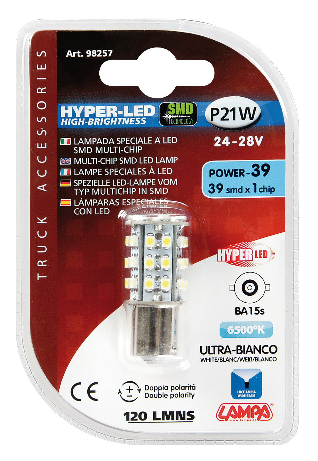 24/28V Hyper-Led 39 - 39 SMD x 1 chips - (P21W) - BA15s - 1 pz - D/Blister - Bianco - Doppia polarità