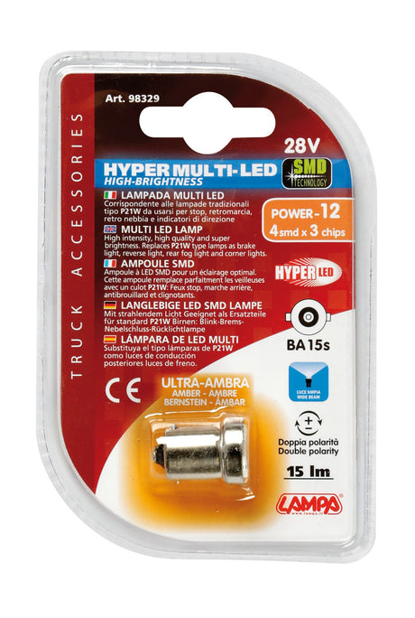 24/28V Hyper-Led 12 - 4 SMD x 3 chips - (P21W) - BA15s - 1 pz - D/Blister - Arancio - Doppia polarità