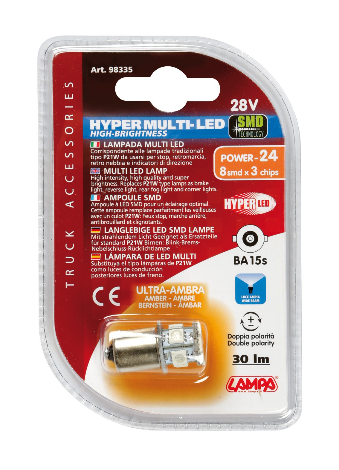 24/28V Hyper-Led 24 - 8 SMD x 3 chips - (P21W) - BA15s - 1 pz - D/Blister - Arancio - Doppia polarità