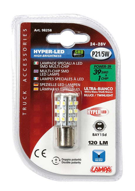 24/28V Hyper-Led 39 - 39 SMD x 1 chips - (P21/5W) - BAY15d - 1 pz - D/Blister - Bianco - Doppia polarità