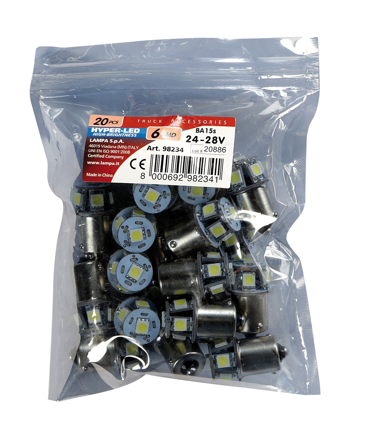 24/28V Hyper-Led 18 - 6 SMD x 3 chips - (R5W) - BA15s - 20 pz - Busta - Bianco - Doppia polarità