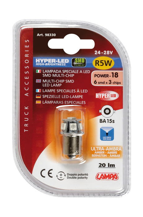 24/28V Hyper-Led 18 - 6 SMD x 3 chips - (R5W) - BA15s - 1 pz - D/Blister - Arancio - Doppia polarità