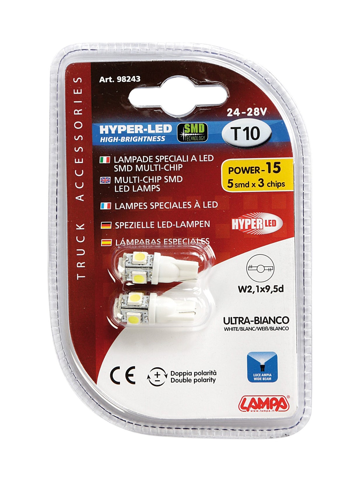 24/28V Hyper-Led 15 - 5 SMD x 3 chips - (T10) - W2,1x9,5d - 2 pz - D/Blister - Bianco - Doppia polarità