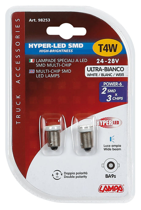 24/28V Hyper-Led 6 - 2 SMD x 3 chips - (T4W) - BA9s - 2 pz - D/Blister - Bianco - Doppia polarità