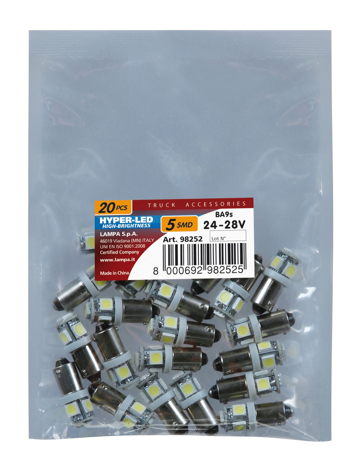 24/28V Hyper-Led 15 - 5 SMD x 3 chips - (T4W) - BA9s - 20 pz - Busta - Bianco - Doppia polarità