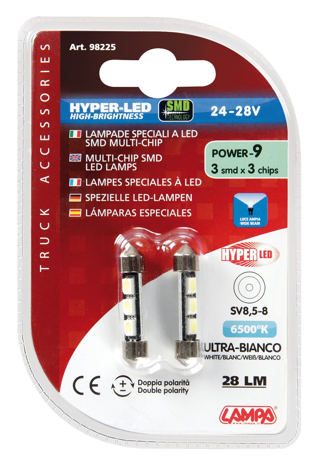 24/28V Hyper-Led 9 - 3 SMD x 3 chips - 10x39 mm - SV8,5-8 - 2 pz - D/Blister - Bianco - Doppia polarità