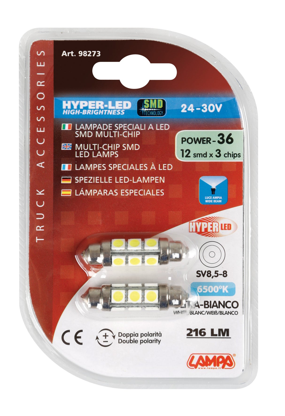 24/30V Hyper-Led 36 - 12 SMD x 3 chips - 11x41 mm - SV8,5-8 - 2 pz - D/Blister - Bianco - Doppia polarità