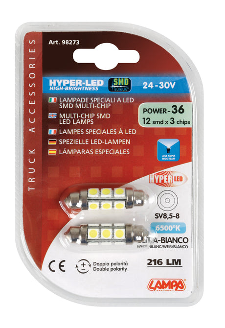 24/30V Hyper-Led 36 - 12 SMD x 3 chips - 11x41 mm - SV8,5-8 - 2 pz - D/Blister - Bianco - Doppia polarità