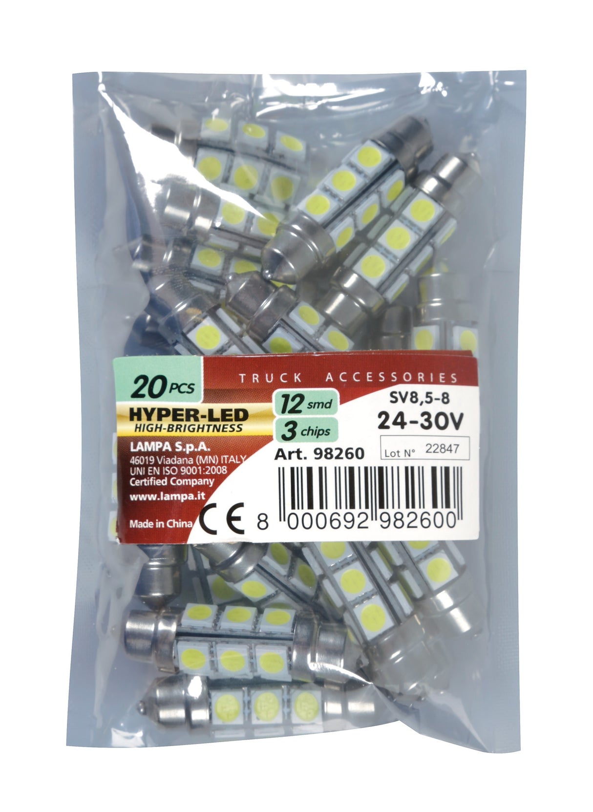 24/30V Hyper-Led 36 - 12 SMD x 3 chips - 11x41 mm - SV8,5-8 - 20 pz - Busta - Bianco - Doppia polarità