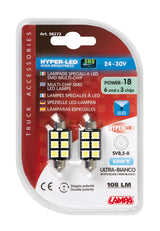 24/30V Hyper-Led 18 - 6 SMD x 3 chips - 15x39 mm - SV8,5-8 - 2 pz - D/Blister - Bianco - Doppia polarità