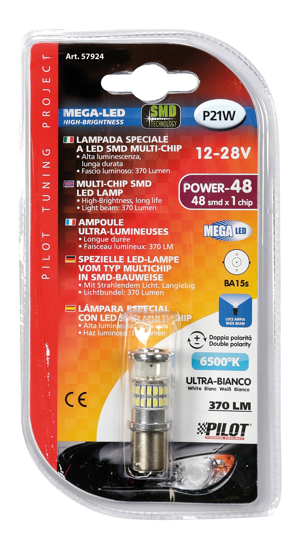 12-28V Mega-Led 48 - 48 SMD x 1 chip - (P21W) - BA15s - 1 pz - D/Blister - Bianco - Doppia polarità