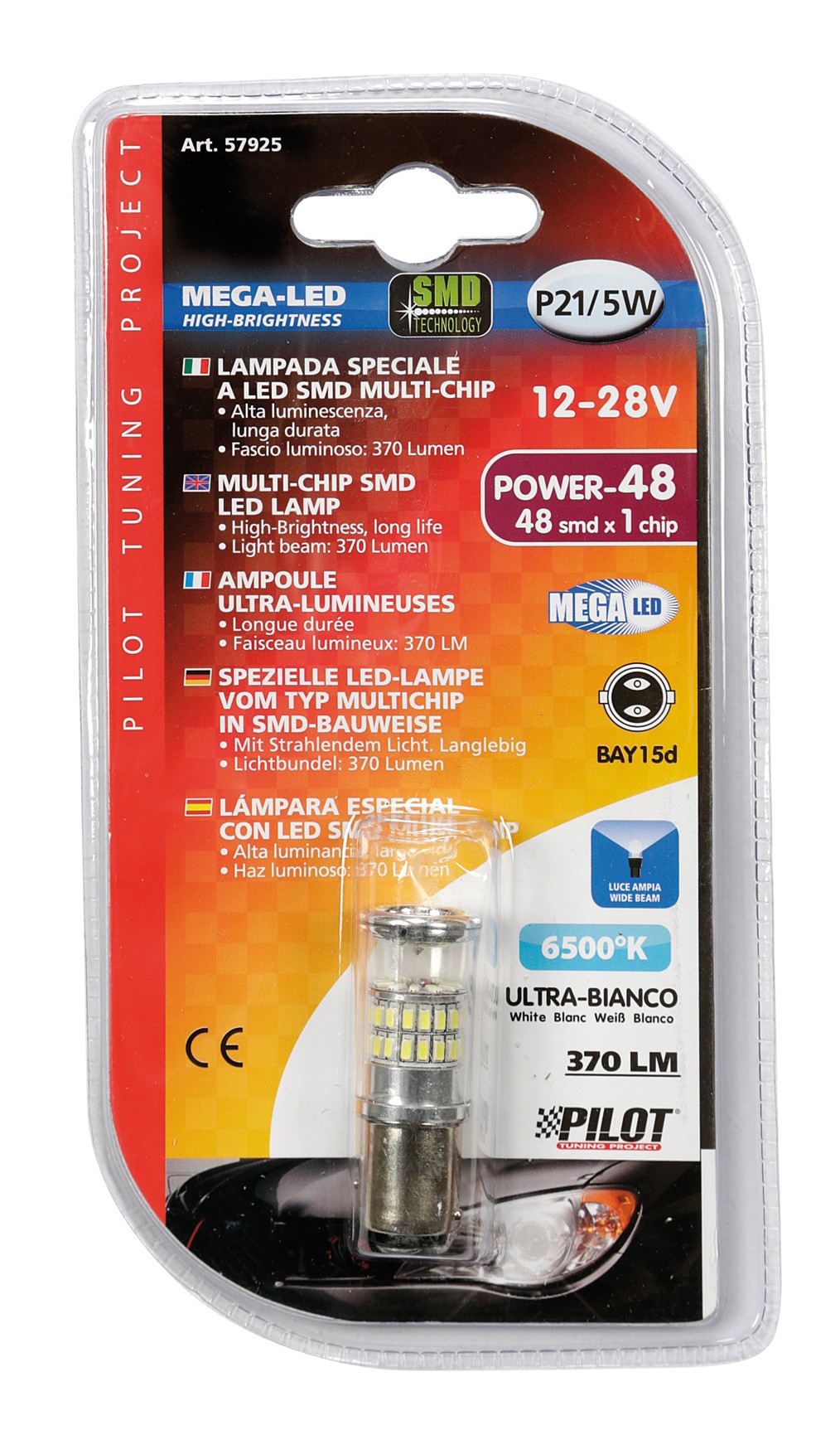 12-28V Mega-Led 48 - 48 SMD x 1 chip - (P21/5W) - BAY15d - 1 pz - D/Blister - Bianco