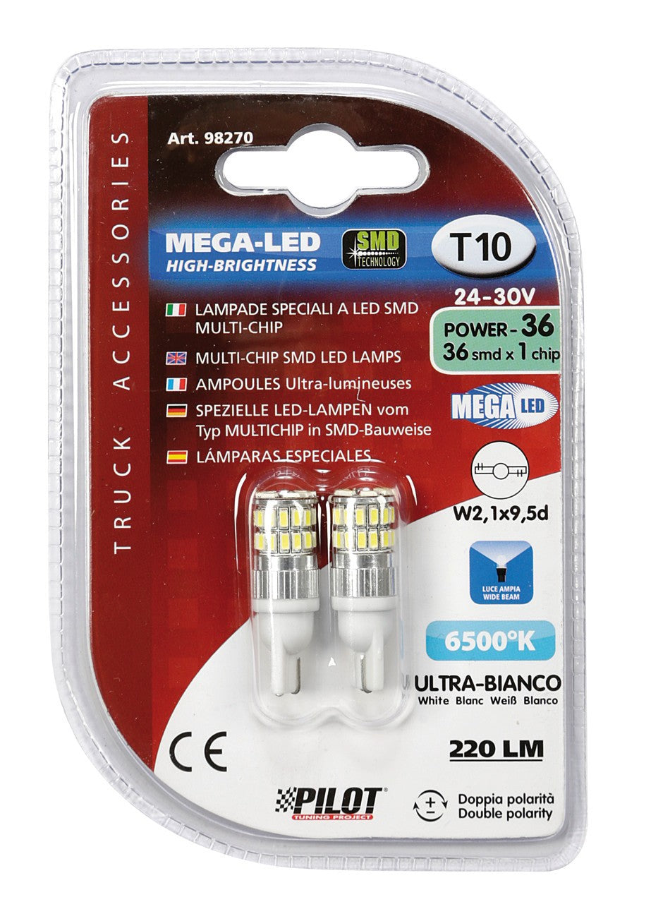 24-30V Mega-Led 36 - 36 SMD x 1 chip - (T10) - W2,1x9,5d - 2 pz - D/Blister - Bianco - Doppia polarità