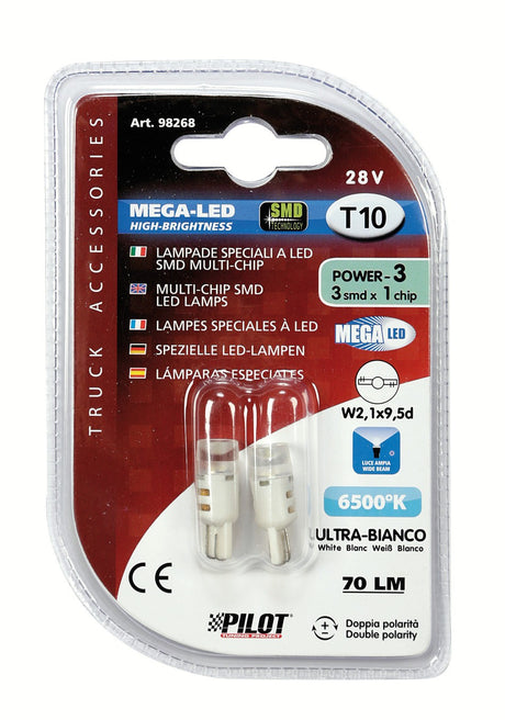 24-28V Mega-Led 3 - 3 SMD x 1 chip - (T10) - W2,1x9,5d - 2 pz - D/Blister - Bianco - Doppia polarità