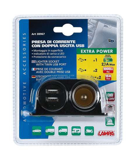 Extra-Power, presa corrente con doppia USB, 12/24V