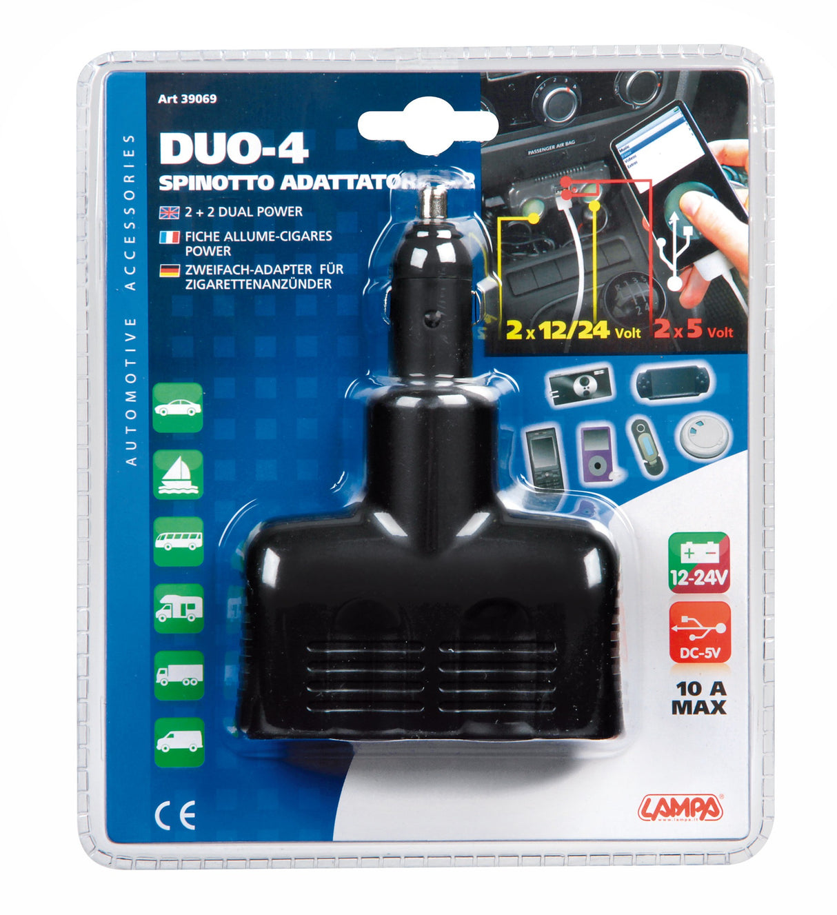 Duo-4, presa corrente doppia con USB - 12/24V