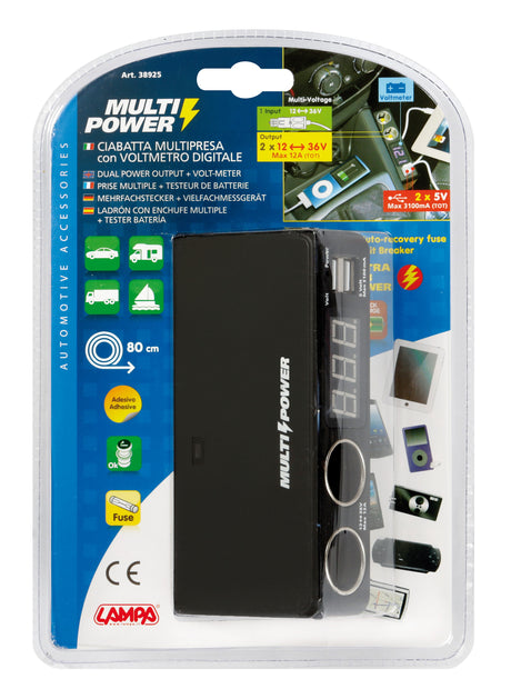 Multi-Power, 2 prese accendisigari + 2 USB e voltmetro, 12/24/36V