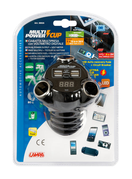 Multi-Power Cup, 3 prese accendisigari + 4 USB e voltmetro, 12/24/36V