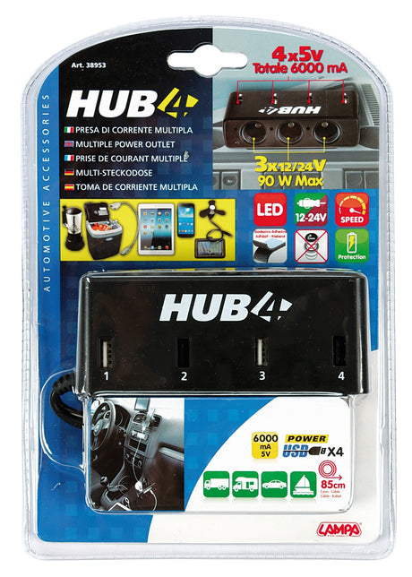 Hub-4, presa di corrente multipla con Usb, 12/24V