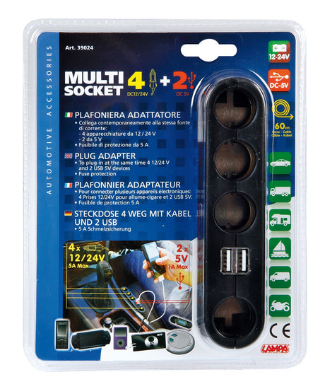 Multi-Socket 4+2, presa corrente quadrupla con USB - 12/24V