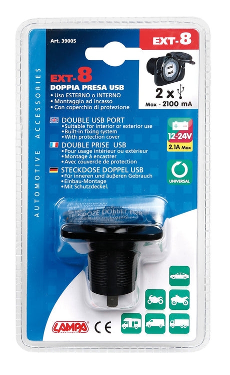 Ext-8, doppia presa Usb, montaggio ad incasso, 12/24V