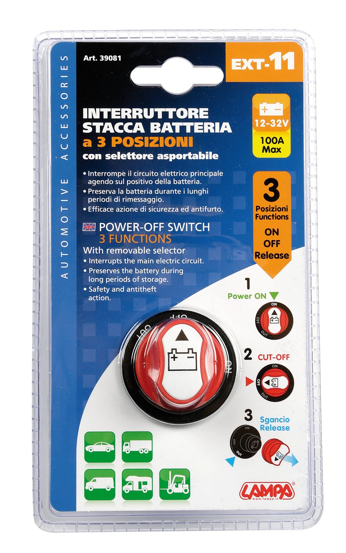 Ext-11, interruttore stacca batteria a 3 posizioni, 12/32V