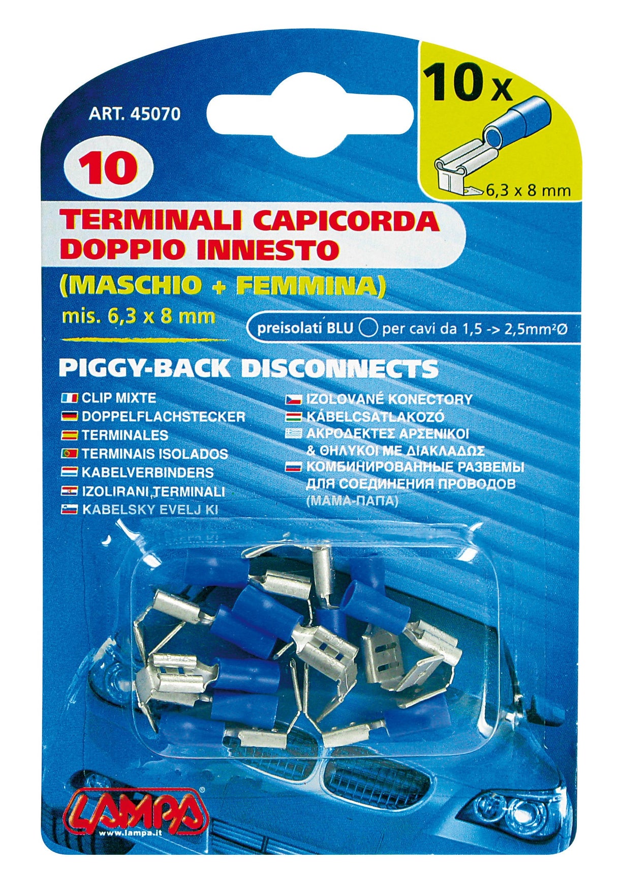 10 terminali - capicorda doppio innesto maschio+femmina - Blu