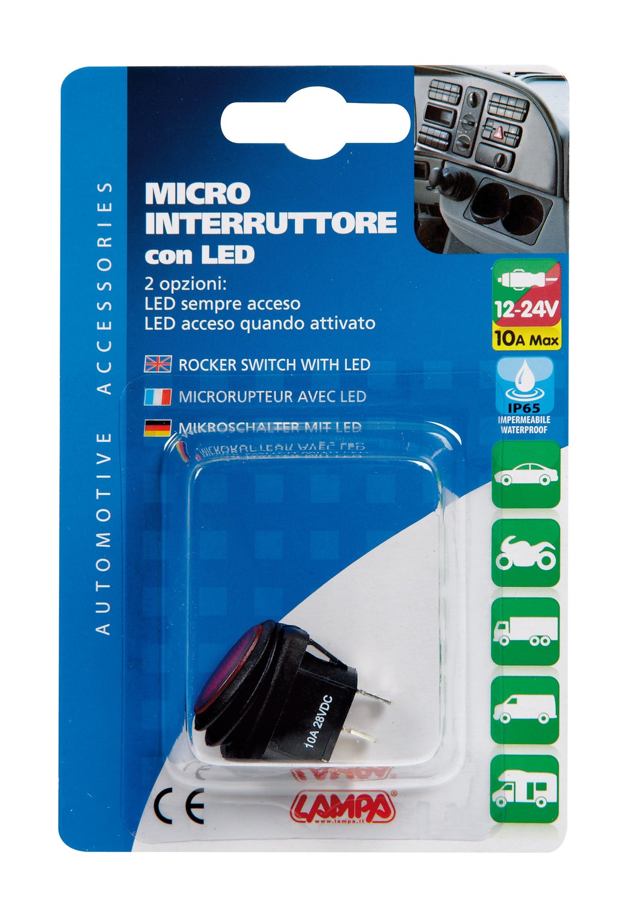 Micro interruttore impermeabile con led - 12/24V - Rosso