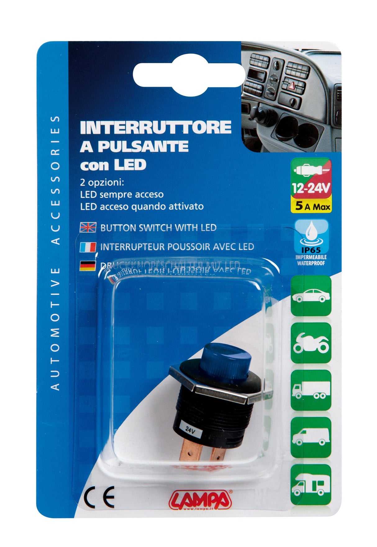 Interruttore a pulsante con led - 12/24V - Blu