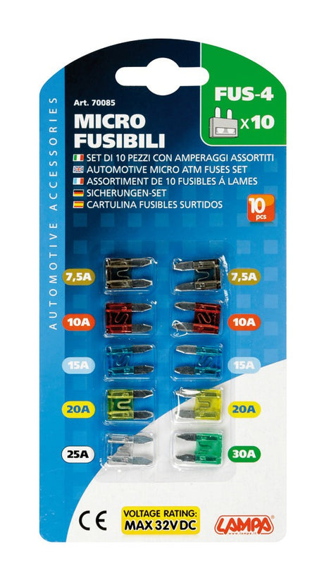 Set 10 micro-fusibili lamellari assortiti, 12/32V