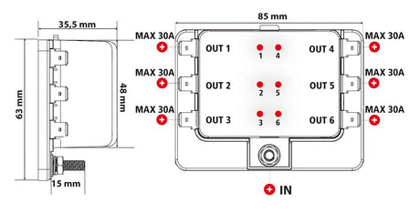 Fuse Block, scatola portafusibili, 1 entrata - 6 uscite, 12/24V