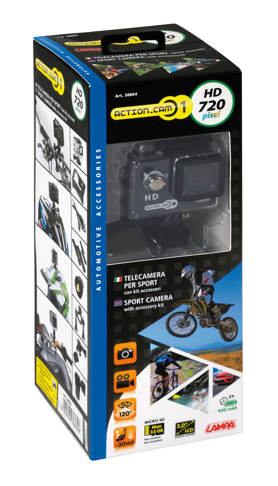 Action-Cam 1, telecamera per sport 720p + Kit accessori